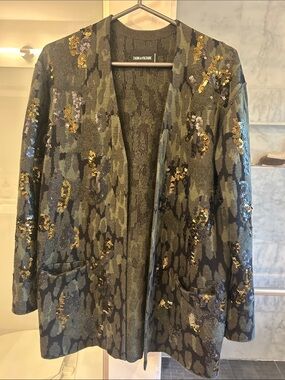 Zadig & Voltaire Olive Camo Sequin Open Blazer